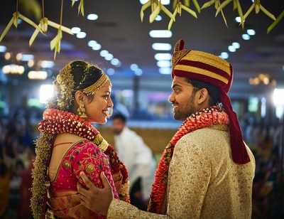 女人在粉红色的传统服饰,男人在黄金sherwani
